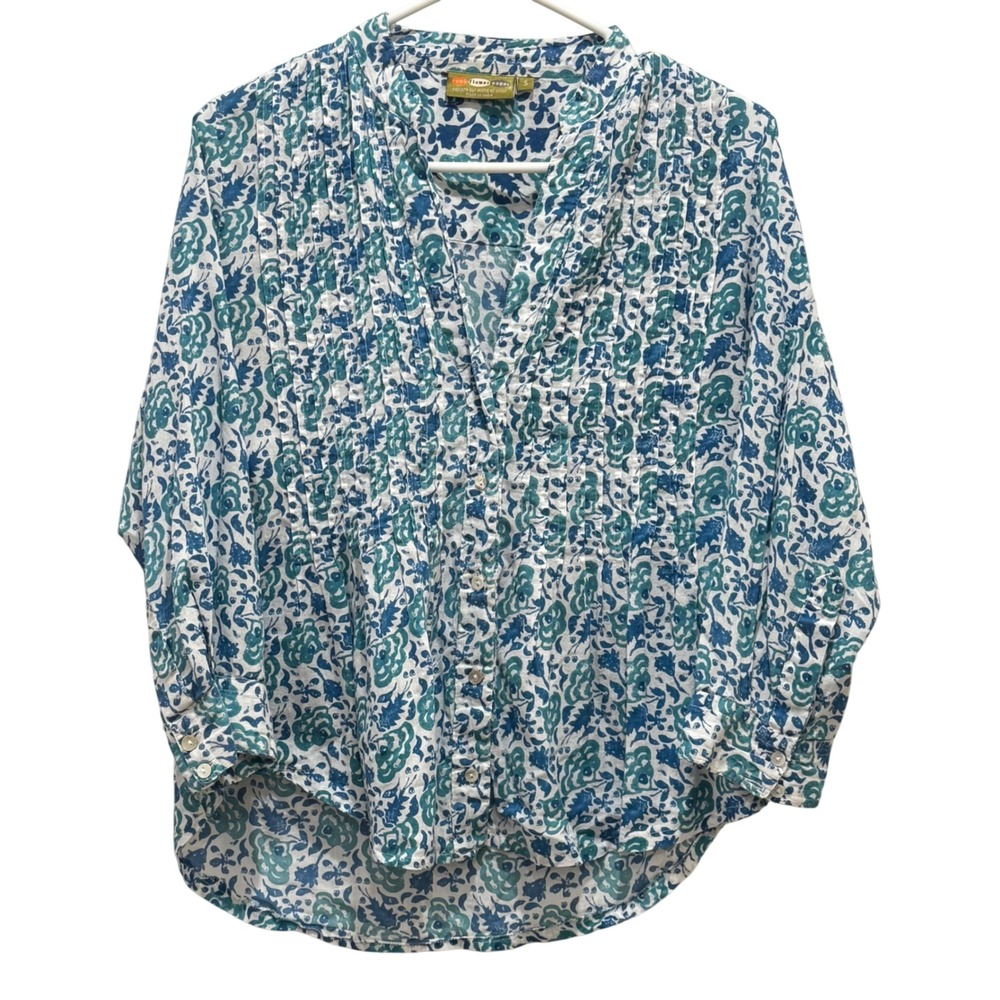 Rock Flower Paper Floral Block Print Blouse Womens S Blue‎ Teal Pleated Pintuck